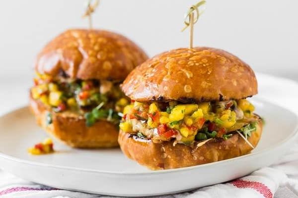 Buffalo Chicken Burgers with Spicy Mango Salsa