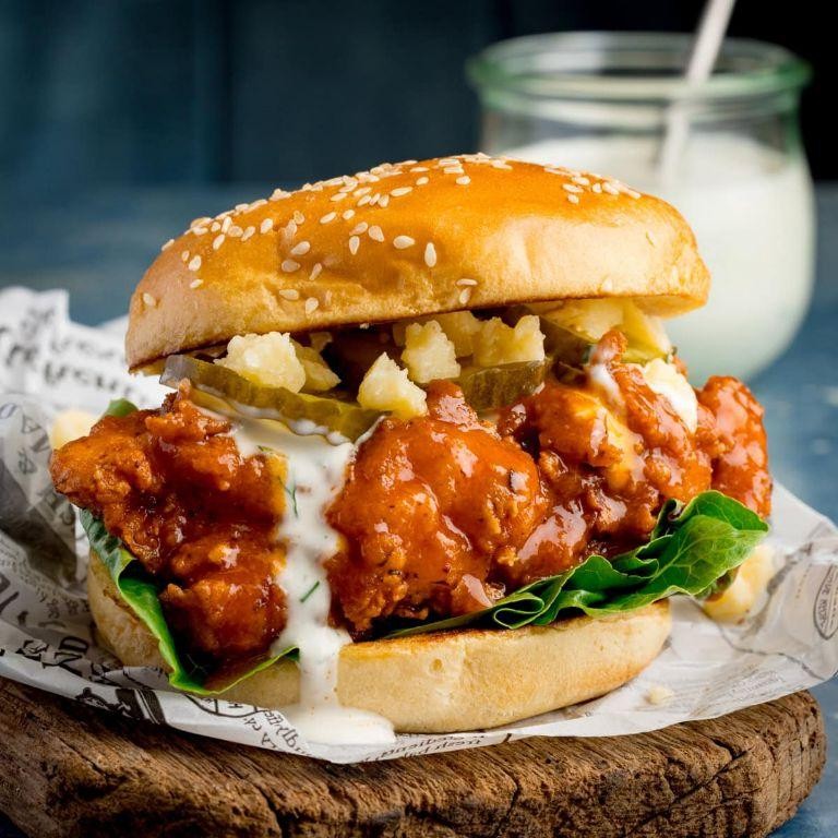 Buffalo Chicken Burgers with Sriracha Mayo