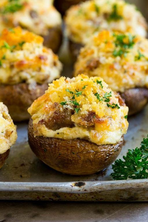 Cheesy Cocktail Sausage Stuffed Mushrooms