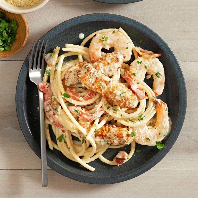 Chicken and Shrimp Carbonara Spaghetti