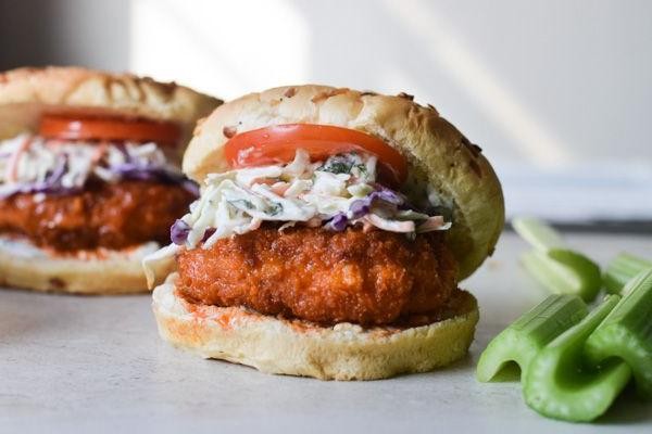 Classic Buffalo Chicken Burgers with Blue Cheese Dressing