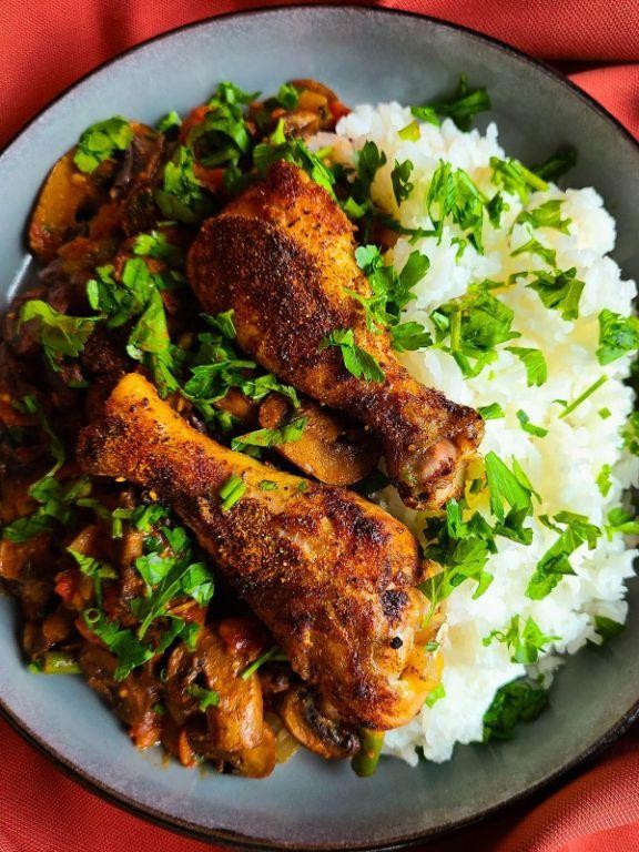 Coconut Curry Chicken Drumsticks with Rice and Peas