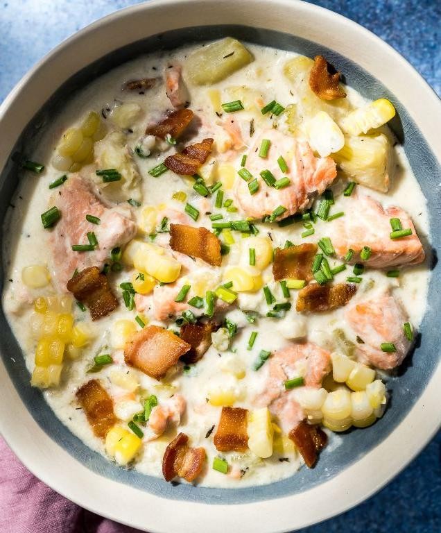 Coho Salmon Chowder with Corn and Potatoes