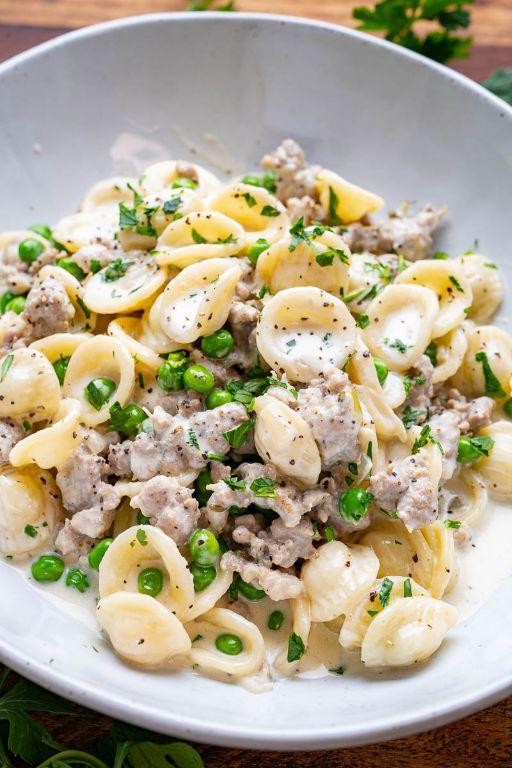 Creamy Kielbasa Pasta with Peas