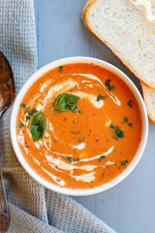 Creamy tomato basil soup with Dutch oven crusty bread