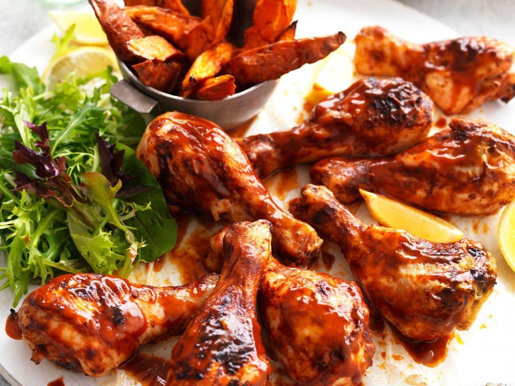 Crispy Baked Chicken Drumsticks with Sweet Potato Wedges