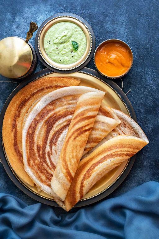 Crispy Oat Dosa with Sambar and Coconut Chutney