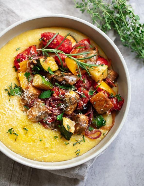 Dutch oven creamy polenta with roasted vegetables