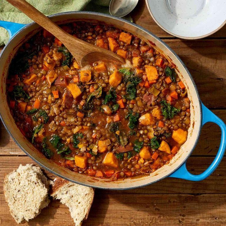 Dutch oven lentil stew with carrots and potatoes