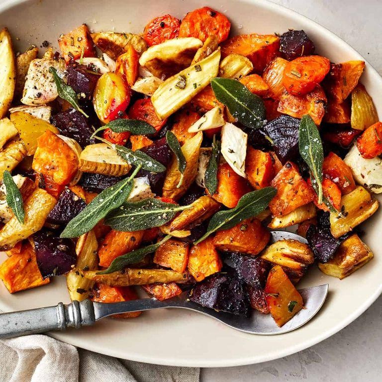 Dutch oven roasted root vegetable medley with herbs