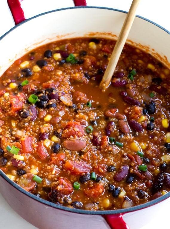 Dutch oven vegetarian chili with beans and quinoa