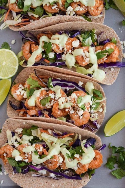Eggplant and Shrimp Tacos with Avocado Crema
