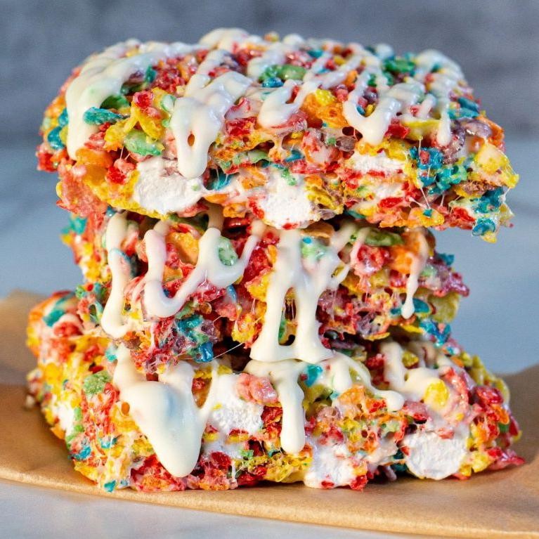 Fruity Pebbles Rice Crispy Treats with Caramel Drizzle