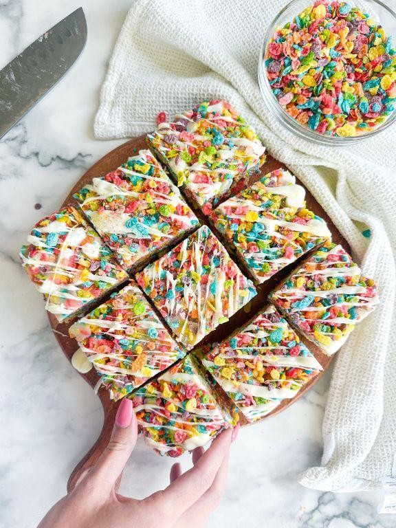 Fruity Pebbles Rice Crispy Treats with Marshmallow Drizzle