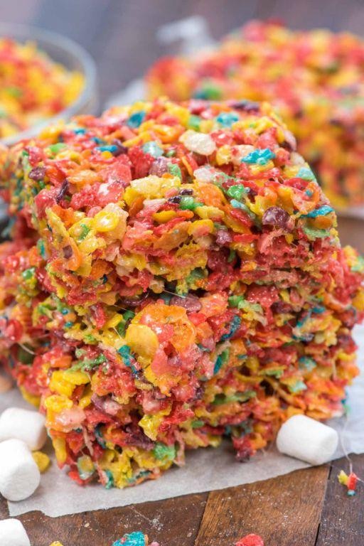 Fruity Pebbles Rice Crispy Treats with Peanut Butter Swirl