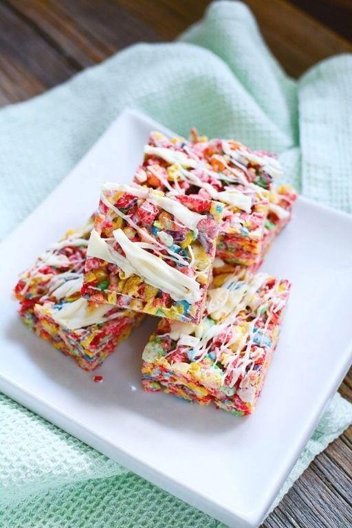 Fruity Pebbles Rice Crispy Treats with White Chocolate Coating