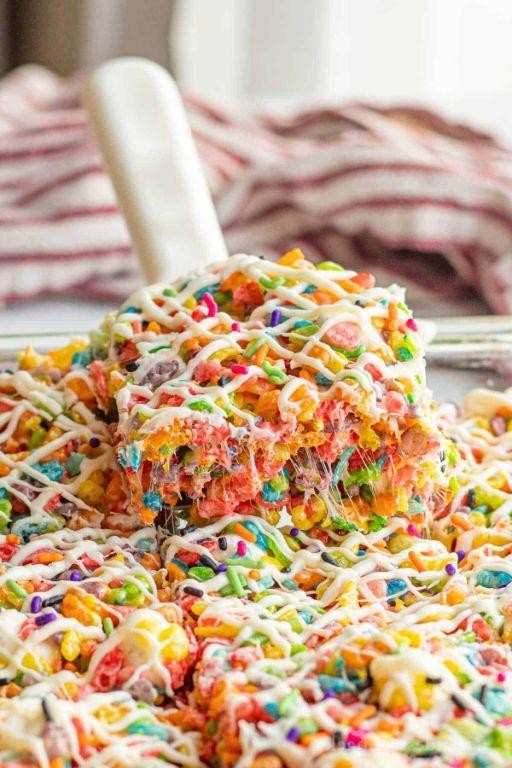 Fruity Pebbles Rice Crispy Treats with Yogurt Frosting