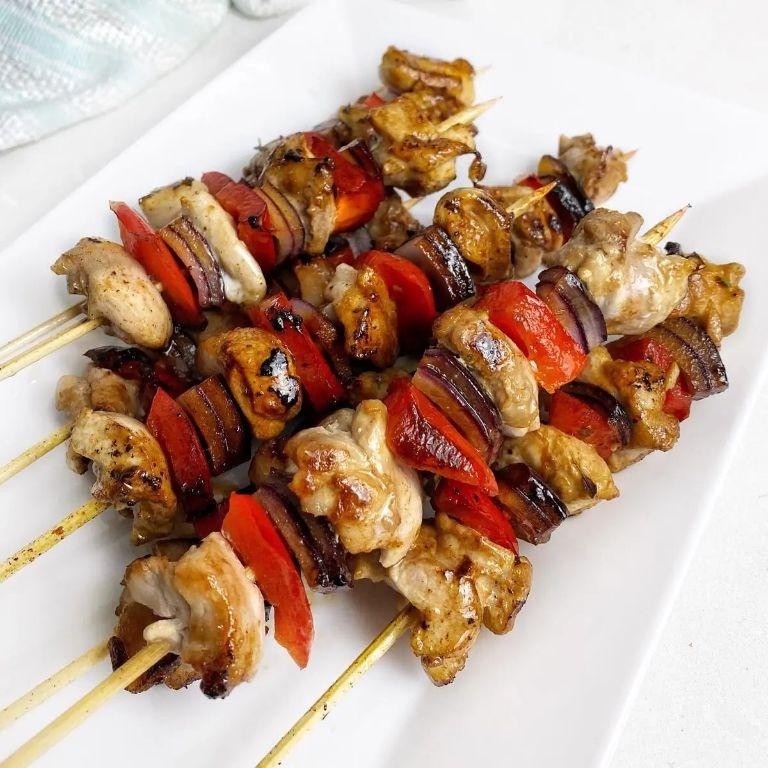 Greek Chicken Thigh Kebabs with Red Onion and Bell Peppers