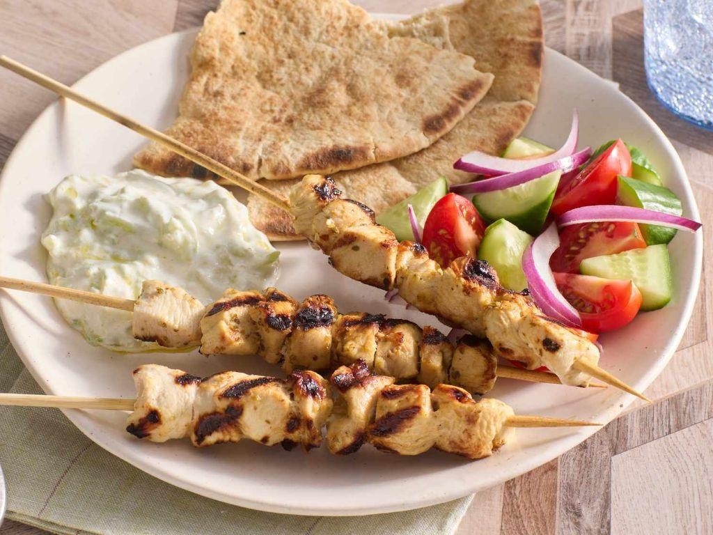 Greek Chicken Thigh Souvlaki Skewers with Tzatziki