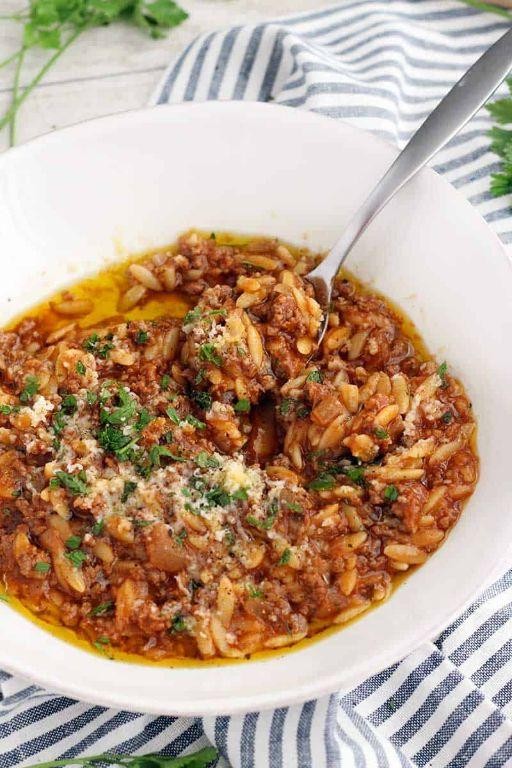 Greek-Style Ground Beef and Orzo with Feta