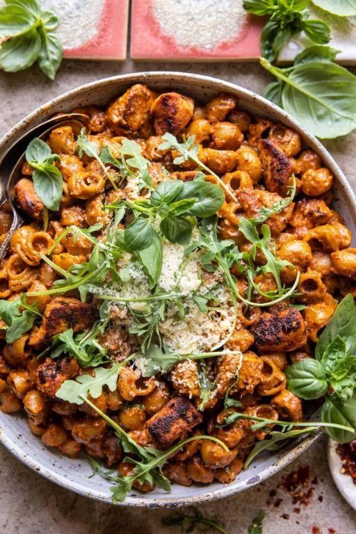 Grilled Chicken Pasta with Roasted Red Pepper Sauce