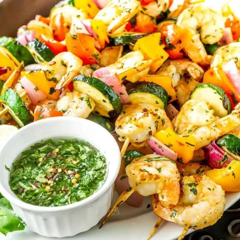 Grilled Eggplant and Shrimp Skewers with Chimichurri