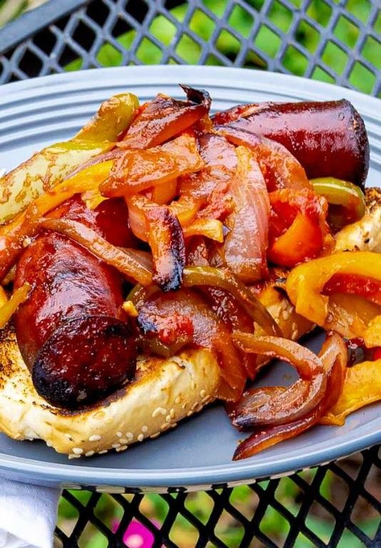 Grilled Fresh Polish Sausage with Peppers and Onions