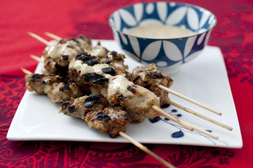 Grilled Skinless Pork Belly Skewers with Peanut Sauce