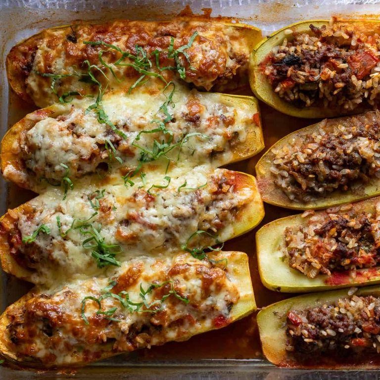 Ground Beef and Orzo Stuffed Zucchini Boats