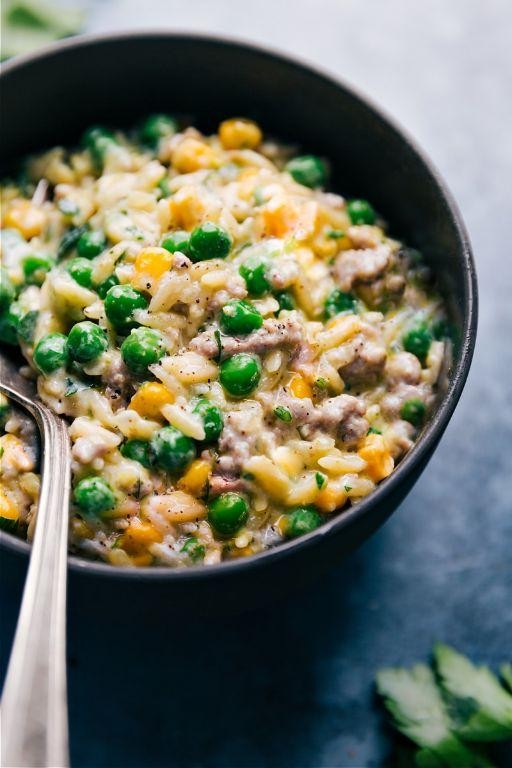 Ground Beef and Orzo in Creamy Pesto Sauce