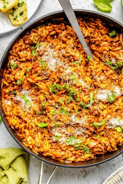 Ground Beef and Orzo with Spinach and Parmesan