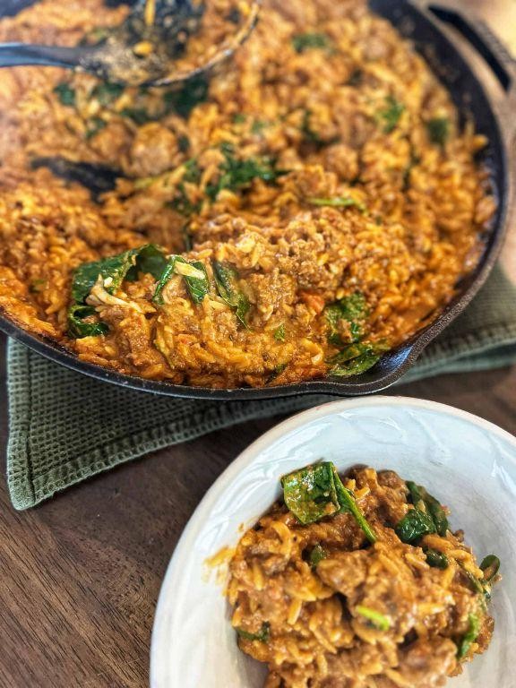 Ground Beef and Orzo with Sun-Dried Tomatoes