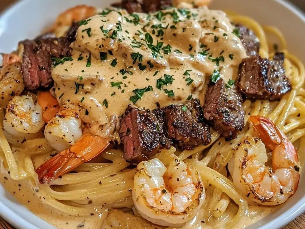 Ground Beef and Shrimp Pasta with Creamy Alfredo Sauce