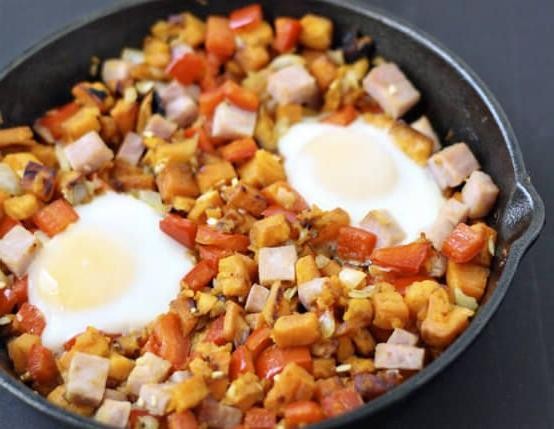 Ham and Sweet Potato Hash with Eggs