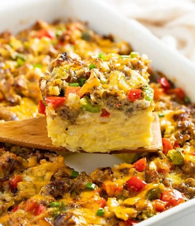 Hashbrown and Sausage Casserole with Bell Peppers and Onions