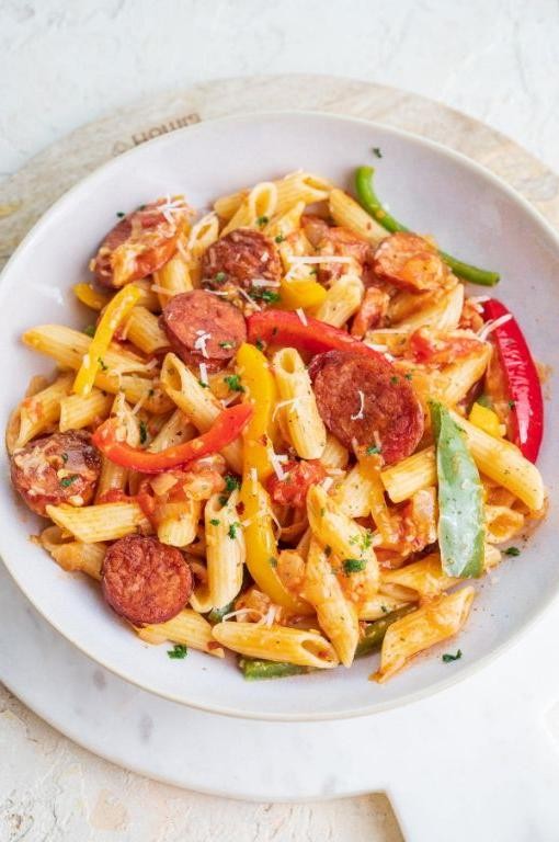 Kielbasa Pasta with Peppers and Onions