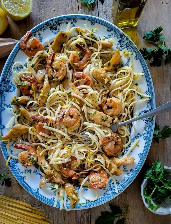 Lemon Butter Chicken and Shrimp Linguine