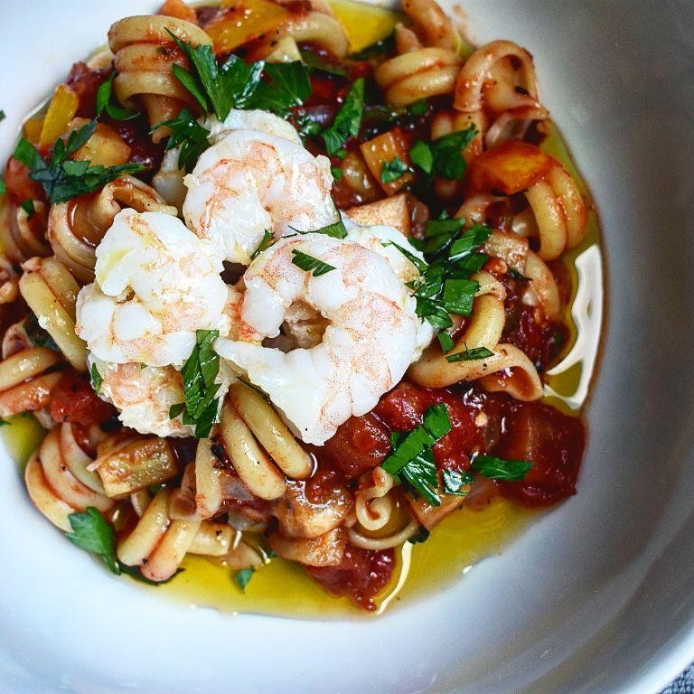 Lemon Garlic Shrimp and Roasted Eggplant Pasta