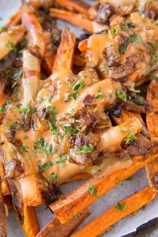 Loaded Fries with Caramelized Onions and Blue Cheese