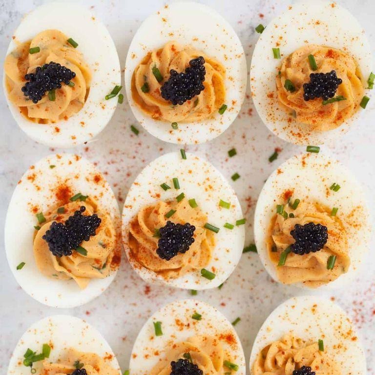 Lobster Newburg Deviled Eggs with Caviar Garnish