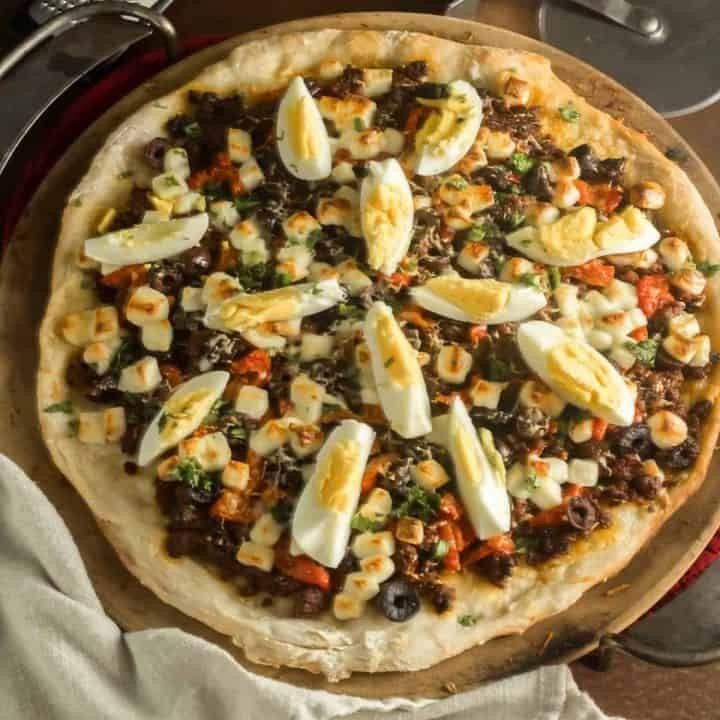 Lomo Saltado Pizza with Mozzarella and Aji Panca