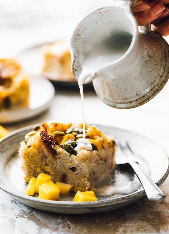 Mango Bread Pudding with Vanilla Sauce