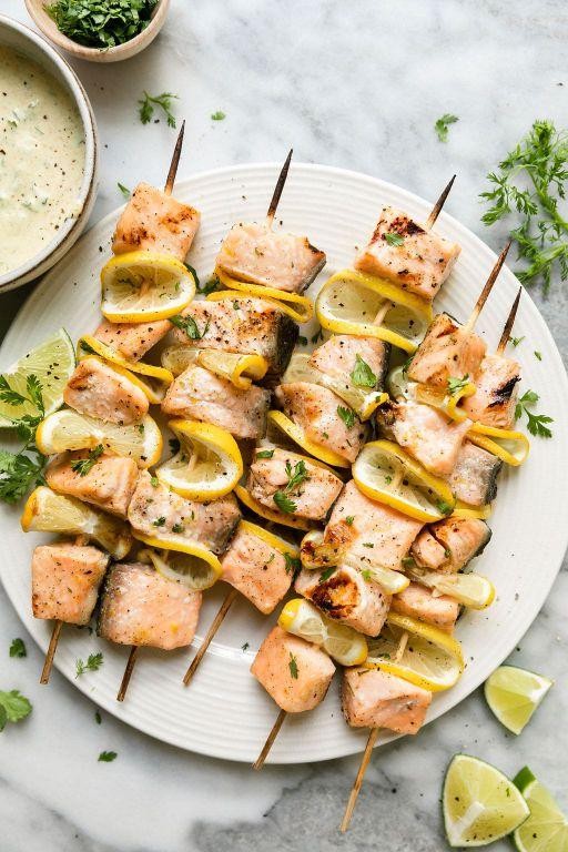 Mediterranean Salmon Kebabs with Yogurt Dip