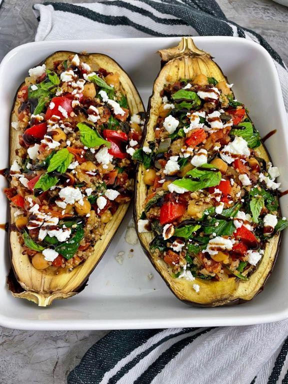 Mediterranean Stuffed Eggplant with Shrimp and Feta