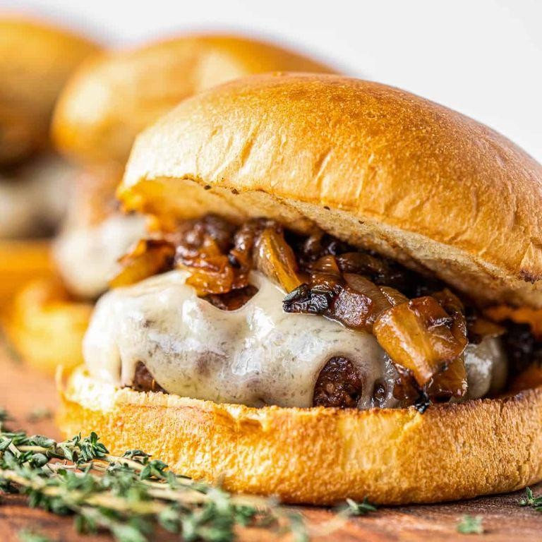 Moose Burger with Caramelized Onions and Swiss Cheese