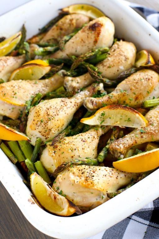 One Dish Chicken Drumsticks with Lemon Butter Asparagus