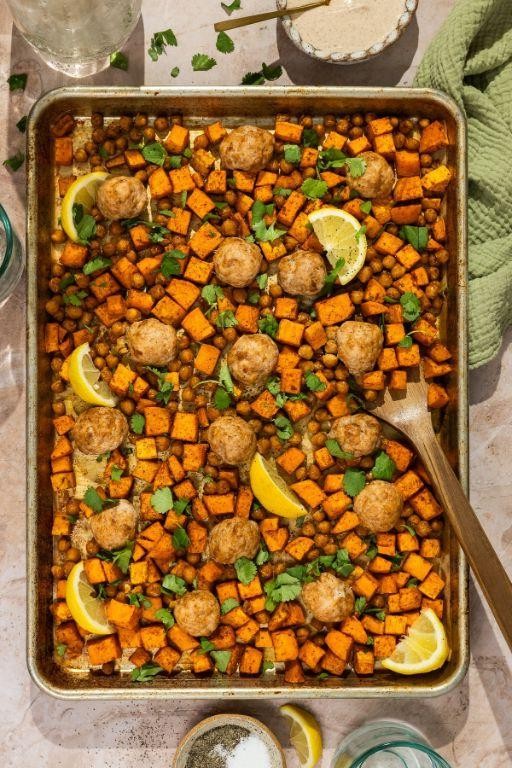 One-Pan Healthy Turkey Meatballs with Sweet Potatoes