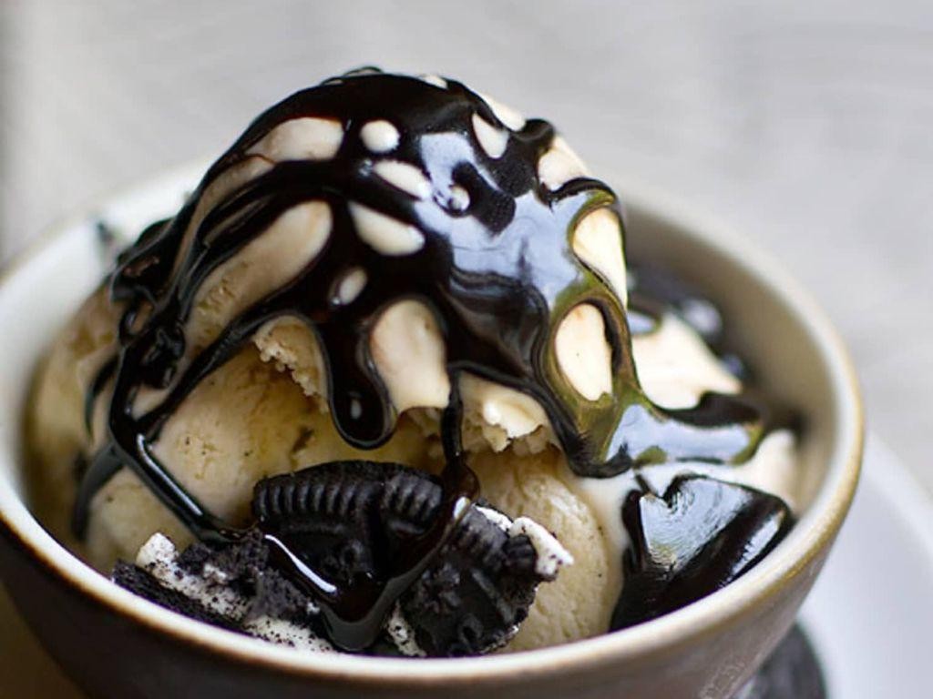 Oreo Crumb Fried Ice Cream with Chocolate Syrup