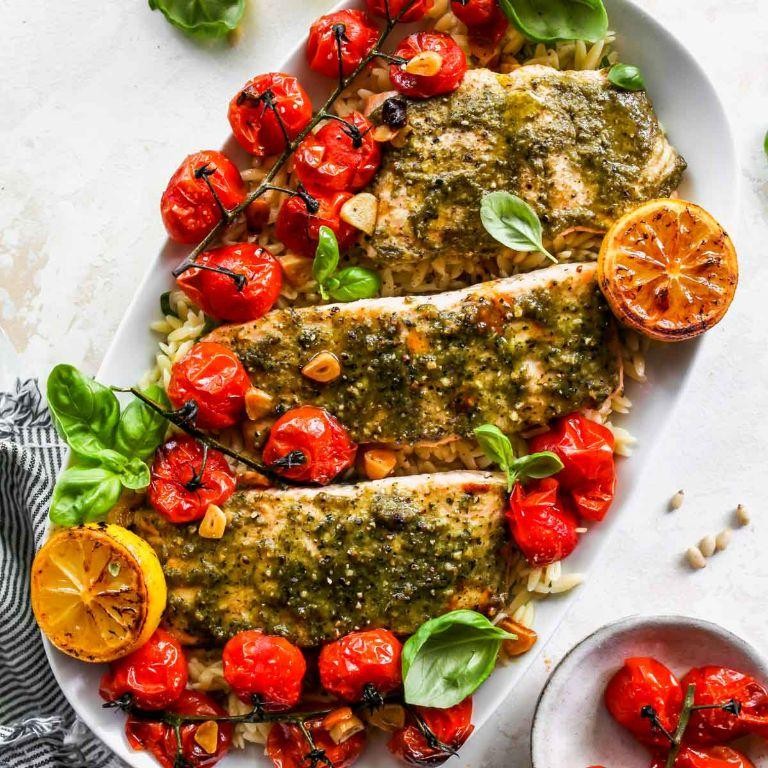 Pan Seared Salmon with Pesto and Tomatoes