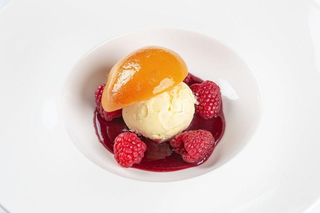 Peach Melba with Vanilla Bean Ice Cream